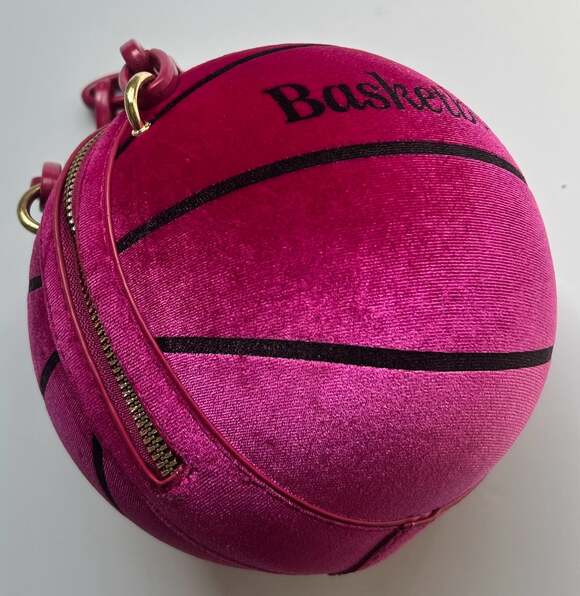 Hot Pink Velvet Basketball Shape Hand Bag with Pink Chain - Picture 3 of 7